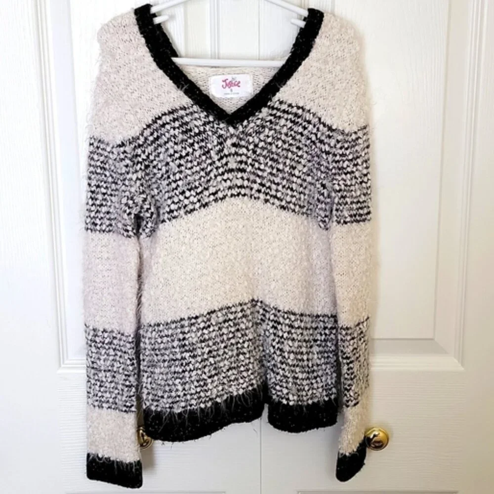 Justice Girls Hooded Sweater Black White Stripes V Neck Size 8